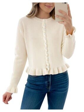 Women Ruffle Cropped Cardigan Knit Sweater Long Sleeve Button Down